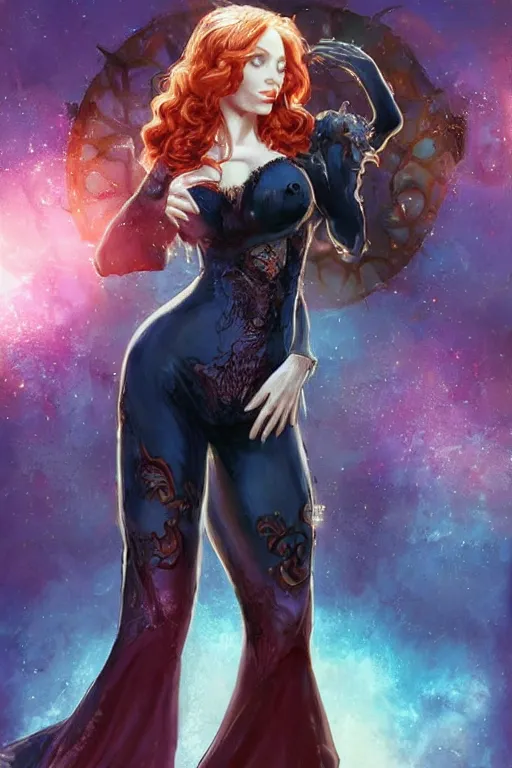 Image similar to frontal standing pose portrait of Christina Hendricks as a thin Sabrina the Teenager Witch, very beautiful young woman, ginger straight hair, Witch style push-up underwire. Intricate, concept art, magic mystique imagery lighting glowing overlay themed, D&D!, fantasy style, sharp focus!, ultra detailed, art by Artgerm and Peter Andrew Jones, WLUP, Magali Villeneuve