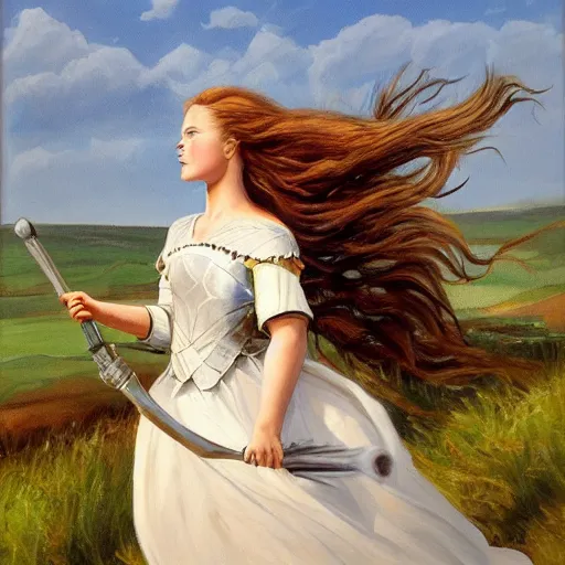 Prompt: a painting that depicts a young woman sending her knight off to battle. She is standing on a hill with her arms outstretched, and her hair blowing in the wind. The sky is clear and blue, and the sun is shining. The woman is wearing a white dress, and her face is full of emotion. She looks sad, but also proud and determined. The knight is mounted on his horse, and he is looking at the woman. He has a sword in his hand, and he looks ready for battle. The horse is rearing up, and the knight is ready to ride off into battle in the style of Edmund Leighton.