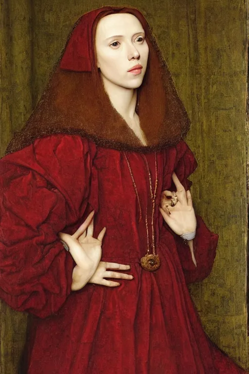 Image similar to portrait of scarlett johansson, oil painting by jan van eyck, by hans holbein, northern renaissance art, old masters, alla prima, realistic, expressive emotions, intricate textures, illusionistic detail