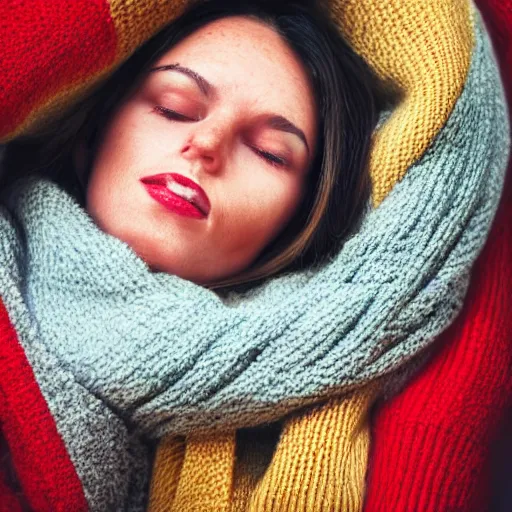 Image similar to a cozy photo of a woman. red yellow.