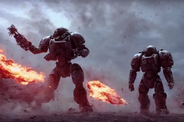 Image similar to VFX movie of futuristic cybernetic beast monsters fighting space marines lunging, war zone, battlefield, debris, fire , natural lighting by Emmanuel Lubezki