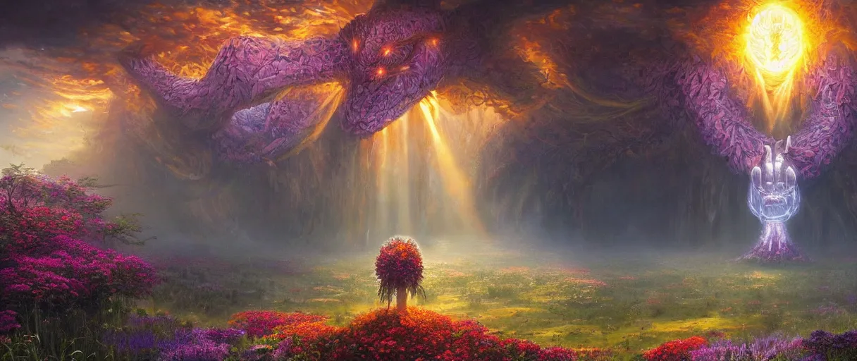 Image similar to A terrifying giant monster made of flowers, beautiful atmosphere, god rays, masterpiece digital painting by Alex Grey, Greg Rutkowski, 4k wallpaper