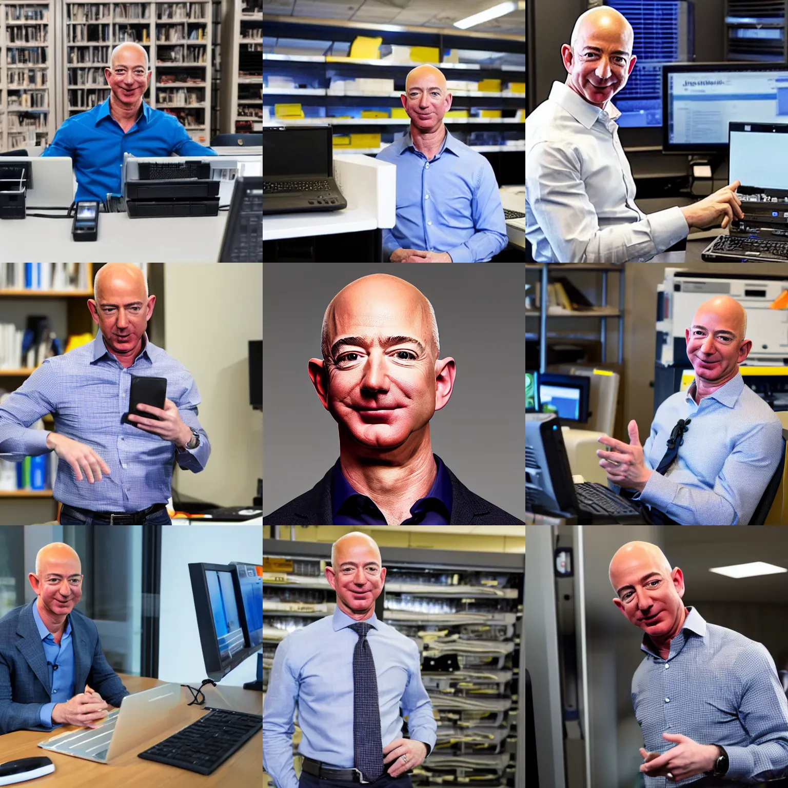 Prompt: jeff bezos as a technical in a tech support company running a scam