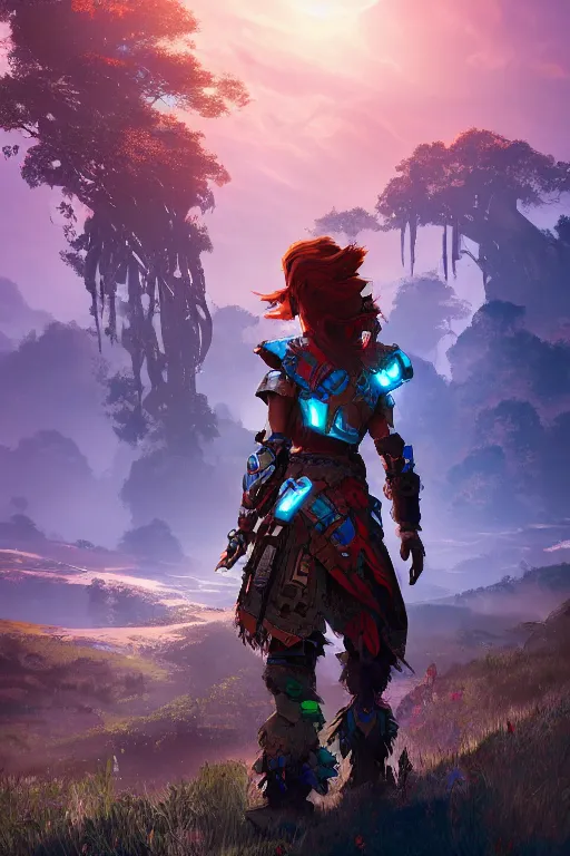 Image similar to combination suit armor aloy horizon forbidden west horizon zero dawn radiating a glowing aura global illumination ray tracing hdr fanart arstation by ian pesty and alena aenami artworks in 4 k tribal robot ninja mask helmet backpack