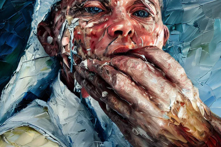 Image similar to palette knife oil painting of a patient at a mental asylum who is frozen with ice, extreme detail, artstation trending, artgerm, any racial background, deviant art, octane, substance, art history 8 k