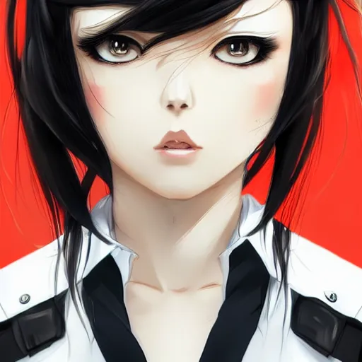 Image similar to portrait of a beautiful girl with long black hair, wearing police riot uniform, drawn by WLOP, by Avetetsuya Studios, attractive character, colored sketch anime manga panel, trending on Artstation
