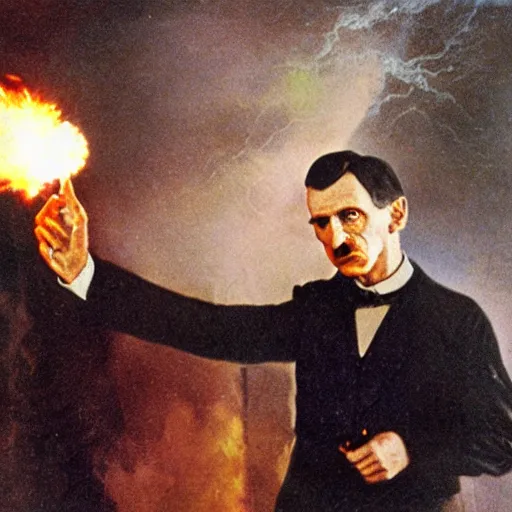 Image similar to UHD candid color photo of Nikola Tesla firing a phaser at Hitler, accurate faces, UHD, photorealistic, correct face, photo by Annie Leibowitz