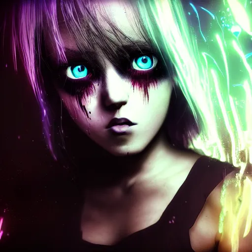 Prompt: photorealistic full shot of masterpiece angry darkness anime girl, beautifull lovely eyes, electric aura with particles, darkness background, inspired by tim burton, detailed, unreal engine 4 k, volumetric light, fog