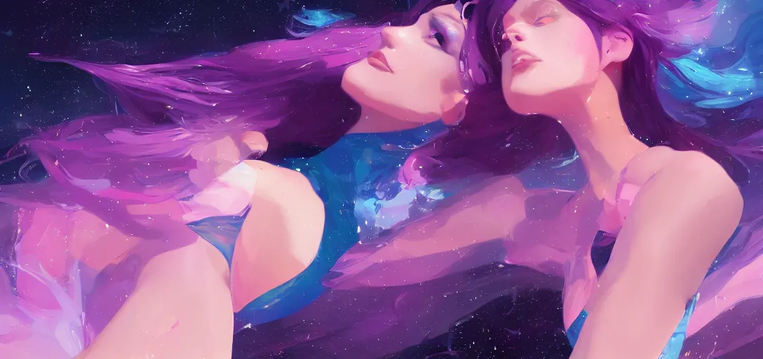 Image similar to beautiful woman floating in space peacefully, crystallized bodysuit, pinks blue an purples, extra long hair, full body, wojtek fus, by Makoto Shinkai and Ilya Kuvshinov,