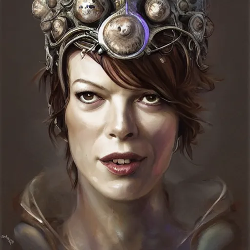 Image similar to doctor octavius as an attractive young smiling woman played by milla jovovich wearing a mushroom crown and heavy armoured wedding dress, face portrait, hd shot, digital portrait, elegant, beautiful, fantasy art, artstation, comic style, by artgerm, guy denning, jakub rozalski, magali villeneuve and charlie bowater