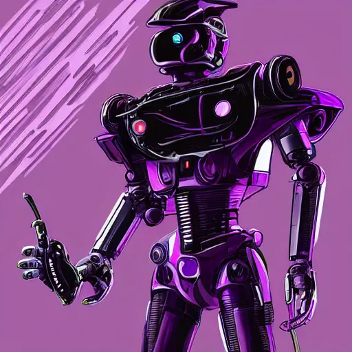 Image similar to self portrait of a robot raven with a beak. purple and black body armor, digital art, realistic, ultradetailed, concept art in the style of Cyberpunk 2077. art by Syd Mead and Moebius, trending on artstation, devianart, cgsociety