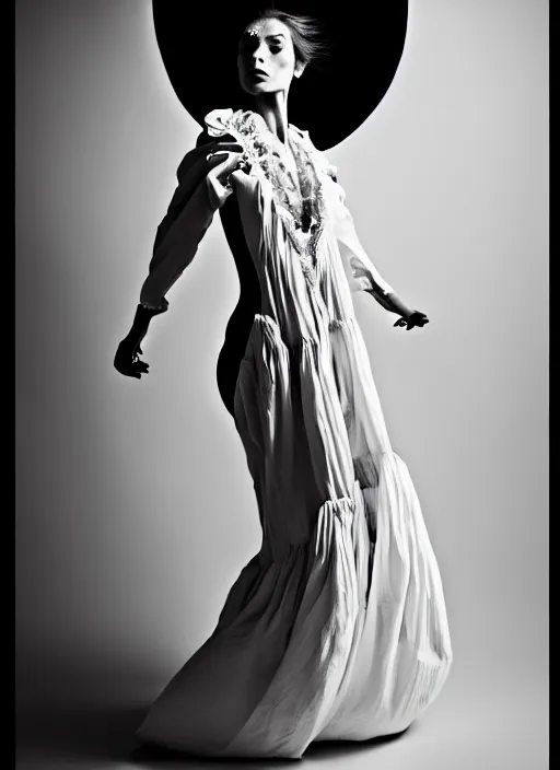 Image similar to a full body portrait of a woman by justin ridler wearing an intricate billowing dress, face in the style of irakli nadar