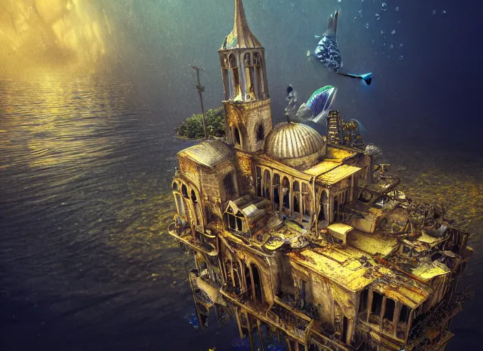 Image similar to cathedral favela, underwater environment, scenery, professional, award - winning, trending on artstation, hyper detailed, realistic, beautiful, emotional, shiny, golden, picture