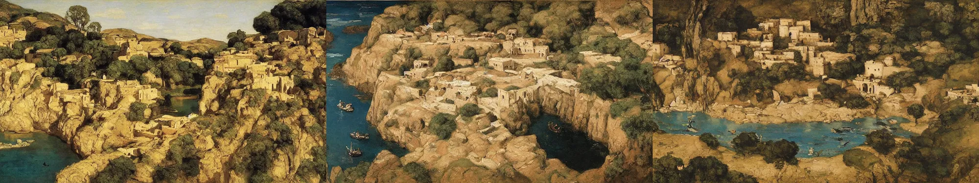 Prompt: High-Quality orientalist painting of a traditional Persian village built into a cliff next to a river by Gustave Courbet, aerial view, very detailed, masterpiece, oil on canvas.