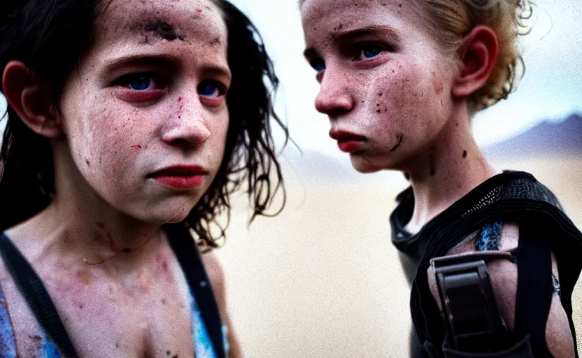 Prompt: cinestill 5 0 d photographic portrait by helen levitt of a white and mixed female android couple wearing rugged black mesh techwear on a desolate plain of america, extreme closeup, modern cyberpunk, dust storm, 8 k, hd, high resolution, 3 5 mm, f / 3 2, ultra realistic faces, intricate detail, ex machina