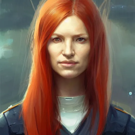 Image similar to Portrait of a woman by Greg Rutkowski, she is about 30 years old, redhead, long straight hair, beautiful oval face, wearing a futuristic spaceship captain uniform, strict but caring mom vibes, highly detailed portrait, digital painting, artstation, concept art, smooth, sharp foccus ilustration, Artstation HQ.