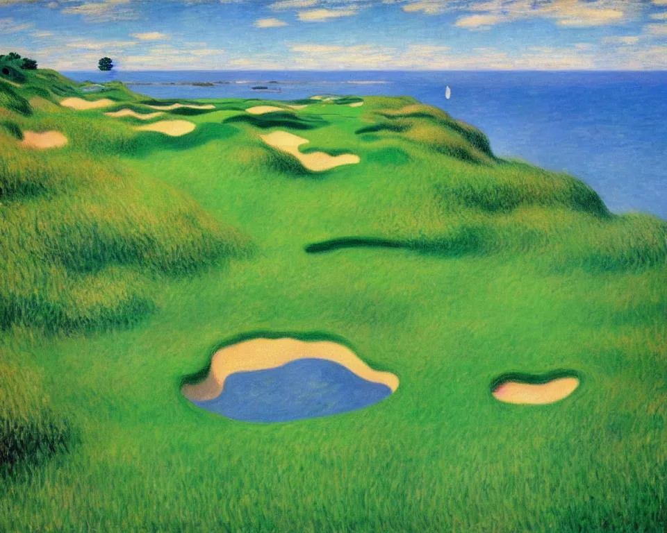 Image similar to achingly beautiful painting of pacific dunes course by rene magritte, monet, and turner.