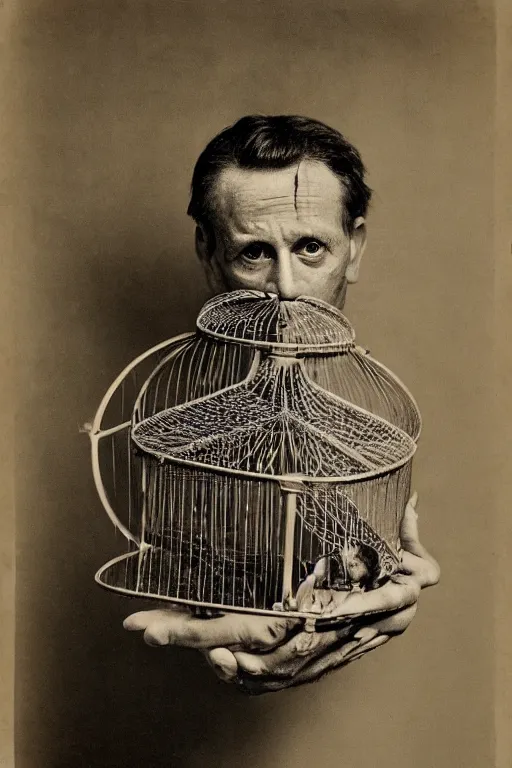 Prompt: ultra realistic vintage photo portrait of a man with a birdcage through his body, by Irving Penn, with a birdcage through his chest