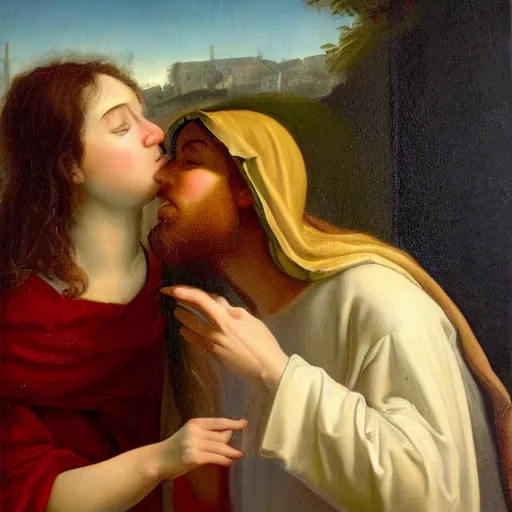 Image similar to an oil panting of a jesus kissing maria maddalena