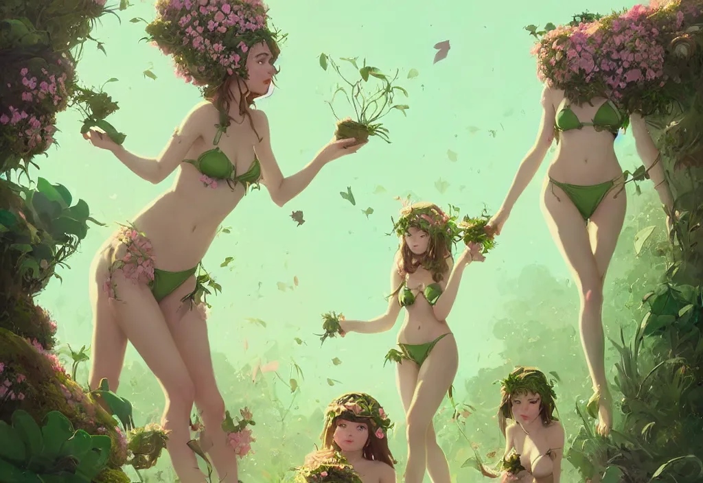 Prompt: two cute fairy women with crown of flowers in plants mini bikini, fantasy, by atey ghailan, by greg rutkowski, by greg tocchini, by james gilleard, by joe gb fenton, by in kaethe butcher, dynamic lighting, gradient light green, brown, blonde cream and white color in scheme, grunge aesthetic