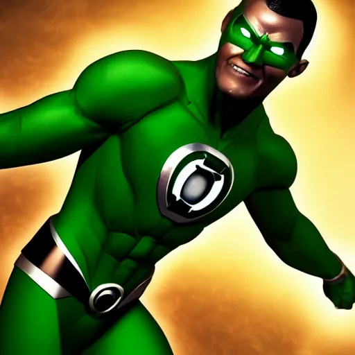 Image similar to A photo of green lantern performer by Jamie Foxx, Octane render, highly detailed, Movie CGI, hyper-realistic, 8K