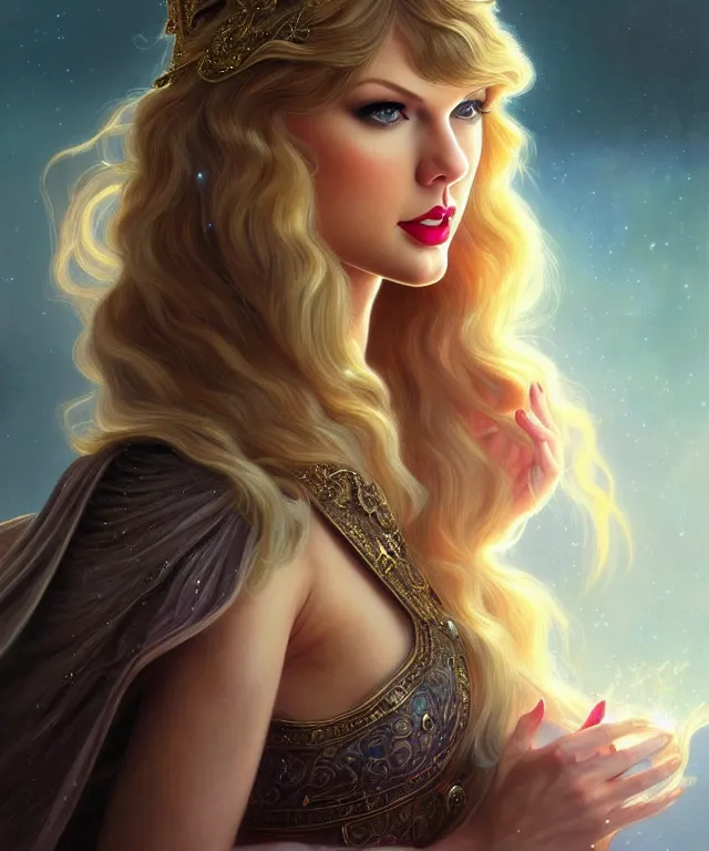 Image similar to Taylor Swift as a fantasy magic woman portrait, sci-fi, amber eyes, face, long hair, fantasy, intricate, elegant, highly detailed, digital painting, artstation, concept art, smooth, sharp focus, illustration, art by artgerm and greg rutkowski and alphonse mucha