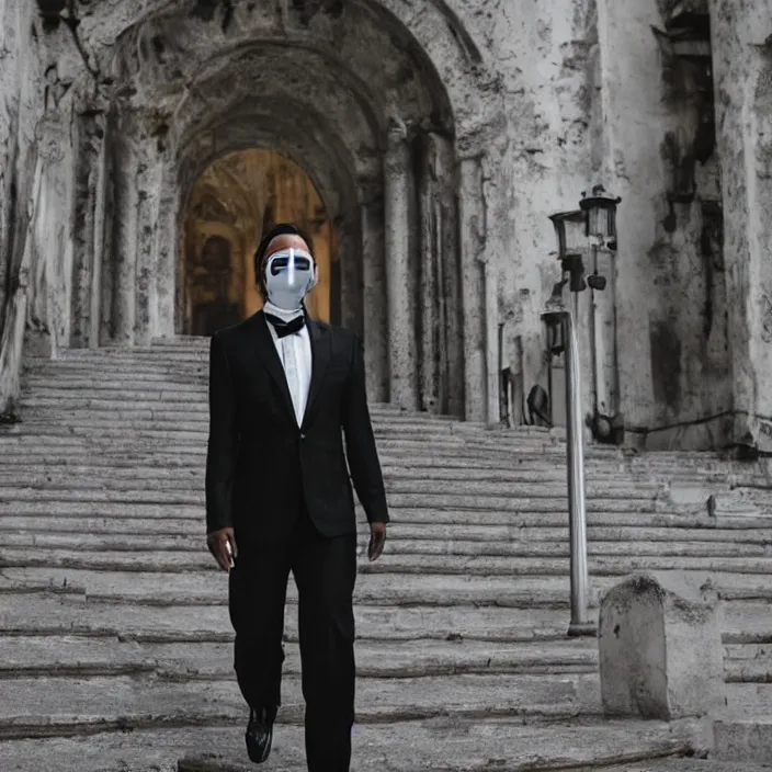 Prompt: cinematic movie, background is castle and steps, with a man wearing a silver melt mask, silver wavy long hair, black suit, 4 k