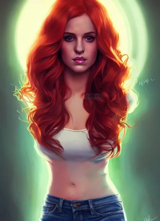 Image similar to full body portrait of teenage cheryl blossom, bangs, green eyes, mischievous expression, red hair, sultry smirk, bangs and wavy hair, intricate, elegant, glowing lights, highly detailed, digital painting, artstation, concept art, smooth, sharp focus, illustration, art by wlop, mars ravelo and greg rutkowski