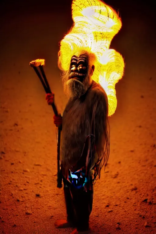 Image similar to full body shot of hanging old asian man with long beard, his head covered in roots, full face occult silver mask, bright multiple glowing eyes, holding a large carved wooden dark fractal stick, hanging upside down, thick smoke around him, in the burning soil desert, cinematic shot, wide angle, dark desert background, volumetric lighting by Denis Villeneuve, Lubezki, Gaspar Noe, Christopher Doyle and Alejandro Jodorowsky, anamorphic lens, anamorphic lens flares, kodakchrome, cinematic composition, practical effects, award winning photo, 8k