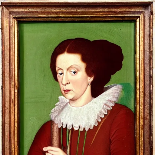 Prompt: portrait of a 40 years old women, dark red hair, green eyes, in historic clothing, 17th century painting, no background