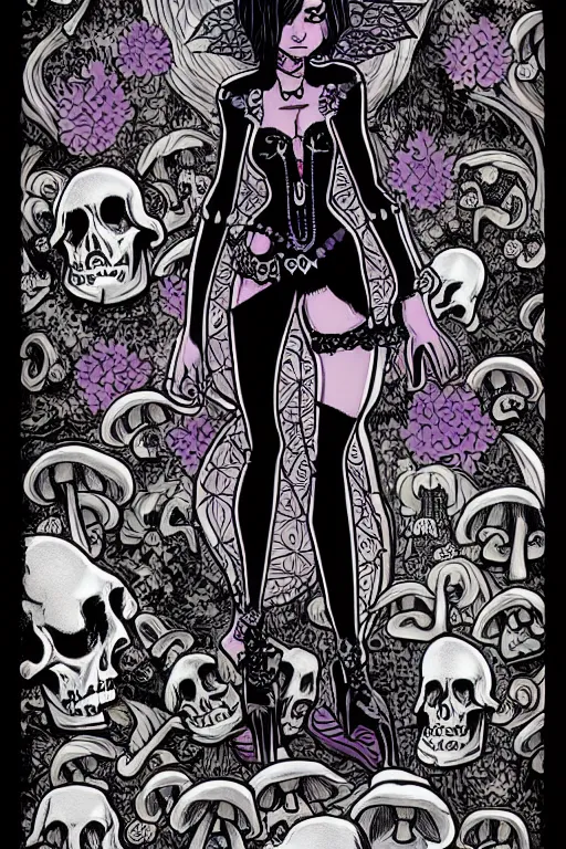 Image similar to fantasy comic style full body portrait of a gothic fairy surrounded by skulls and mushrooms, in the style of wendy pini and Æon Flux, intricate, fine inking lines, extremely detailed, flat colors