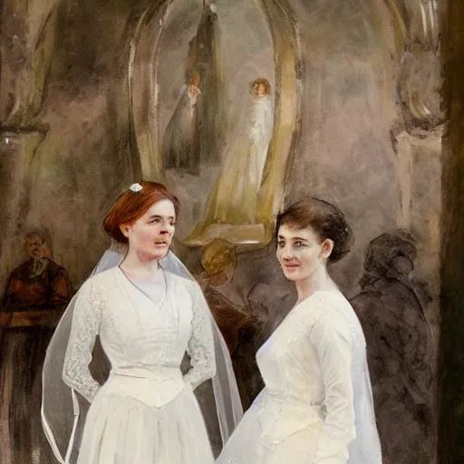 Image similar to two young edwardian women getting married in a beautiful swedish church, in the style of anders zorn