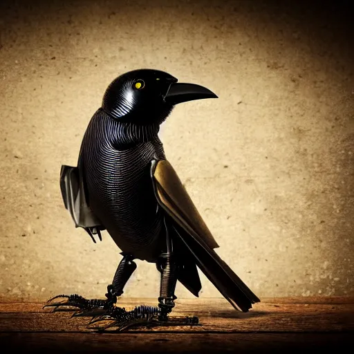 Image similar to a steampunk robotic crow, dark background, super - detailed, photo - realistic,