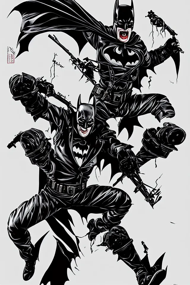 Image similar to The Batman Who Laughs Portrait, Full Figure, Yasushi Nirasawa Cartoon Anime Style