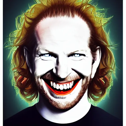 Prompt: Aphex Twin with an evil grin, in the style of a Hope Poster