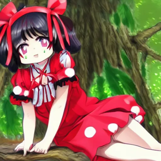 Image similar to a pixiv of reimu in the jungle wearing bonnet