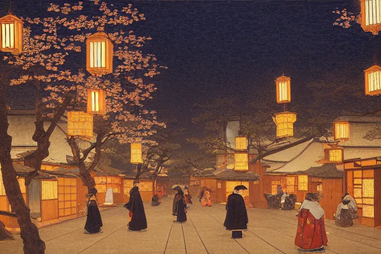 Image similar to painting of the streets of medieval japan at night, lanterns, cherry tree, by ludwig deutsch and maxfield parrish, patterned tilework, extremely detailed, cinematic lighting, smooth sharp focus