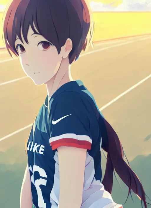 Image similar to portrait of high school runner girl, sunny sky background stadium landscape illustration concept art anime key visual trending pixiv fanbox by wlop and greg rutkowski and makoto shinkai and studio ghibli and kyoto animation real face symmetrical facial features short down hair sports clothing marathon race sponsors nike shirt