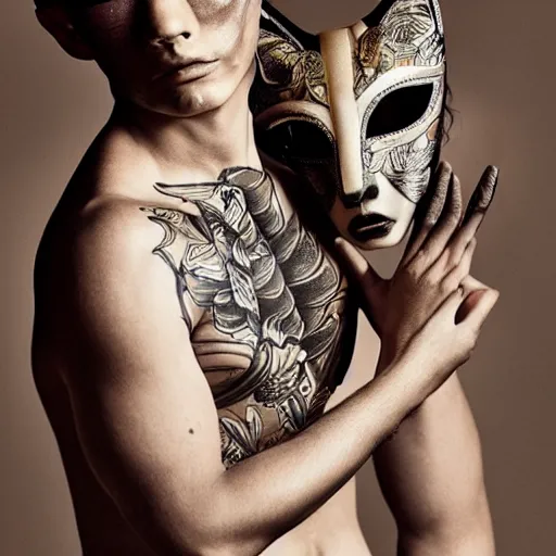 Image similar to a young male wearing a beautiful kitsune mask, his body is covered in beautiful tattoos, photographed by erwin olaf, intricate, editorial