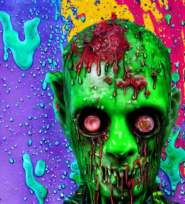 Prompt: beautiful 3 5 mm photograph of a slimy rotting zombie cop covered in colorful wet goop, dripping with colorful liquid, policeman, cop, biocop, intricate details, dark ambient, service cap, atmospheric, movie poster, poster, horror, elegant, super highly detailed, professional digital photo, artstation, concept art, 8 k