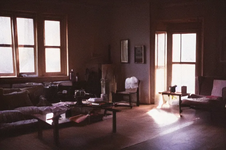 Prompt: film photography of the light shining in living room interior, soft light, no focus