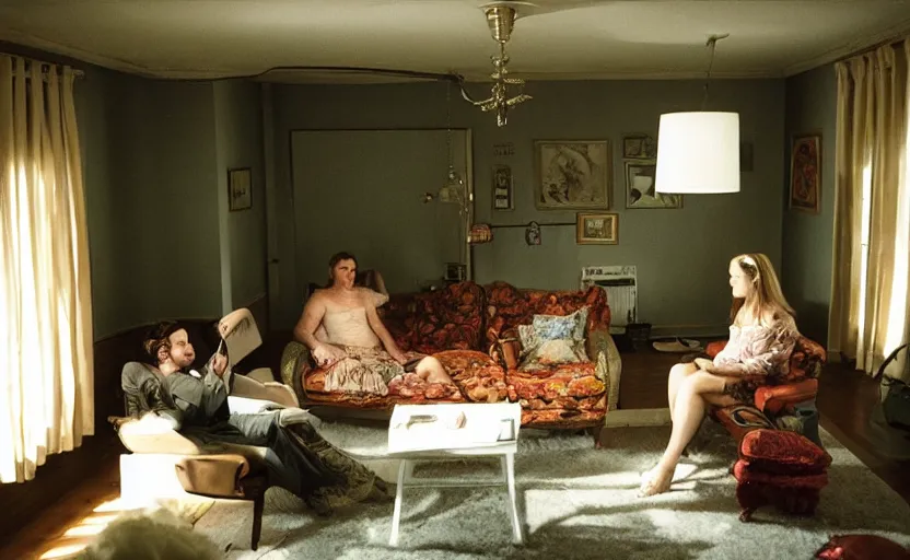 Prompt: A moody photograph of a woman sitting next to a man in a 90s living room, Gregory Crewdson, Wes Anderson