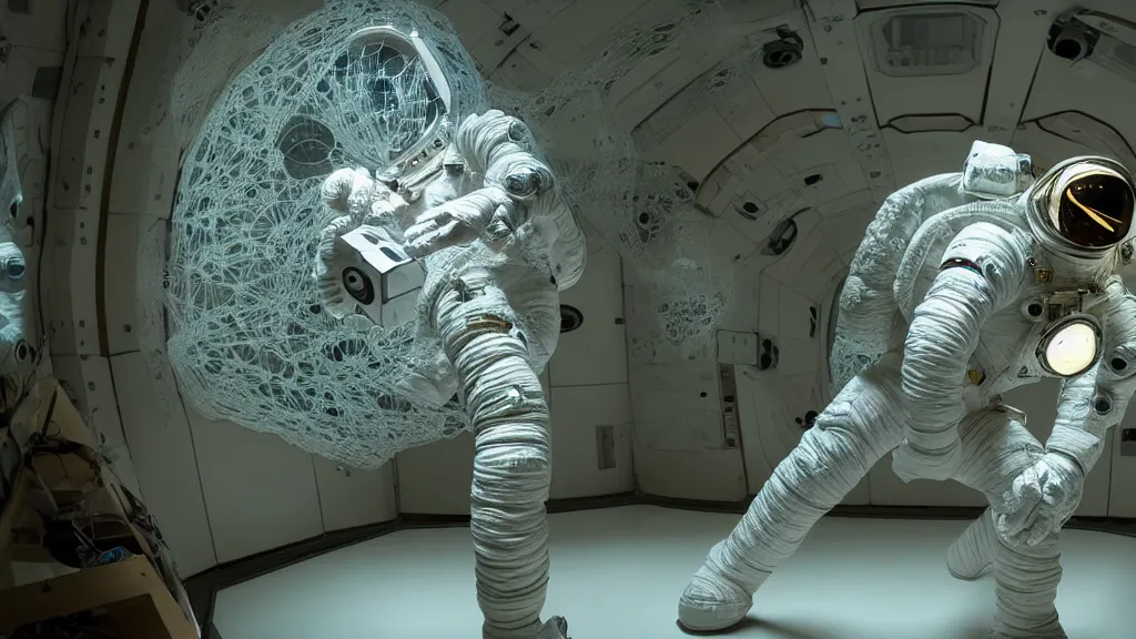 Image similar to a single astronaut eva suit interwoven with diamond 3d fractal lace iridescent bubble 3d skin and covered with insectoid compound eye camera lenses floats through the living room, film still from the movie directed by Denis Villeneuve with art direction by Salvador Dalí, wide lens,