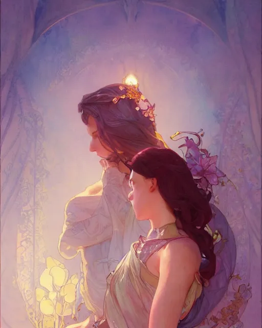 Image similar to secret romance, highly detailed,, gold filigree, romantic storybook fantasy, soft cinematic lighting, award, disney concept art watercolor illustration by mandy jurgens and alphonse mucha and alena aenami, pastel color palette, featured on artstation