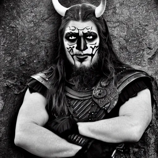 Image similar to viking in black body armour with black and white face painting, extremely detailed image from a film, full color