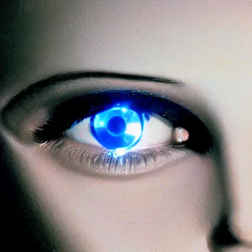 Prompt: photo of young woman, medium close up, with a cyberpunk camera over right eye with led lights, robotic implants over face, small led lights, white background, from the movie 2001 A Space Odyssey