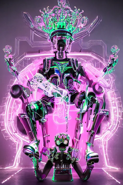 Prompt: full-body rococo and cyberpunk style neon statue of a young attractive Cubano macho dotado e rico android sim roupa reclining con las piernas abertas e la piroca dura, glowing white laser eyes, prince crown of pink gears, diamonds, swirling silver-colored silk fabric. futuristic elements. full-length view. space robots. human skulls. intricate artwork by caravaggio. Trending on artstation, octane render, cinematic lighting from the right, hyper realism, octane render, 8k, depth of field, 3D