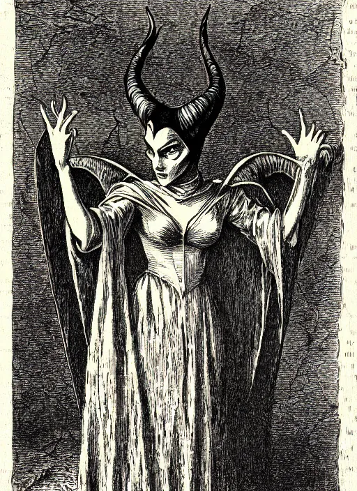 Prompt: maleficent as a demon from the dictionarre infernal, etching by louis le breton, 1 8 6 9, 1 2 0 0 dpi scan, ultrasharp detail, clean scan