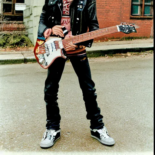 Image similar to 19-year-old boy with long permed wavy brown hair, leather jacket and denim jeans, holding electric guitar, 1984, punk rock, doom metal, grunge, Saint Vitus, Black Flag super 8mm film