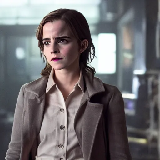 Image similar to medium shot of Emma Watson as a detective in a movie directed by Christopher Nolan, detailed face, movie still frame, promotional image, imax 70 mm footage